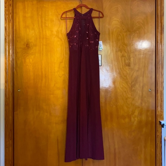 nightway lace halter gown merlot